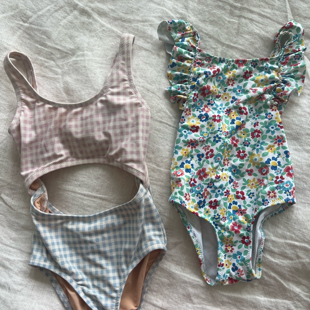 3T Floral and Gingham Kids One Piece Swimsuit Set